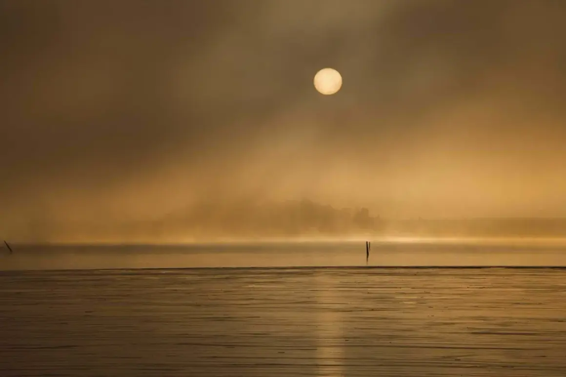 Soluppgång över en dimmig sjö. Den gyllene solen lyser genom diset. Vad betyder komposition? Här ser vi hur horisonten och de två stolparna skapar en balanserad bild.