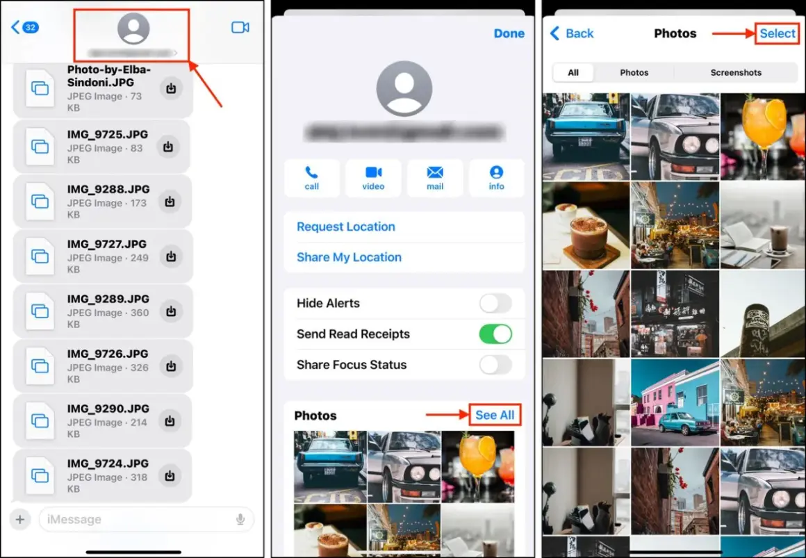 iPhone-skärm visar en konversation med filer och bilder. Välj "Se alla" för att visa fler bilder, som kan hjälpa dig att blurra bilder iPhone.