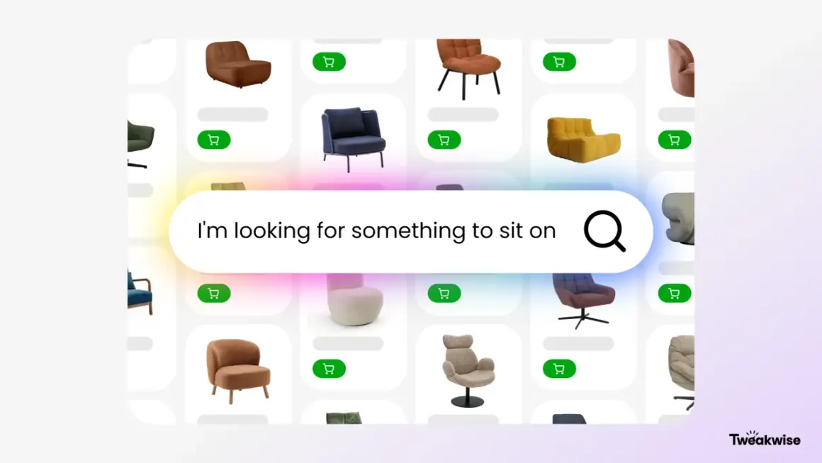 Sökning efter möbler med hjälp av ai redigera bilder. En sökfält med texten "I'm looking for something to sit on" visas över ett rutnät av stolar.