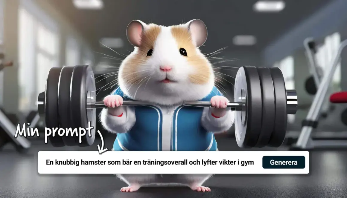 En knubbig hamster i träningsoverall lyfter vikter på gym. En gratis AI-app kan skapa sådana roliga bilder!