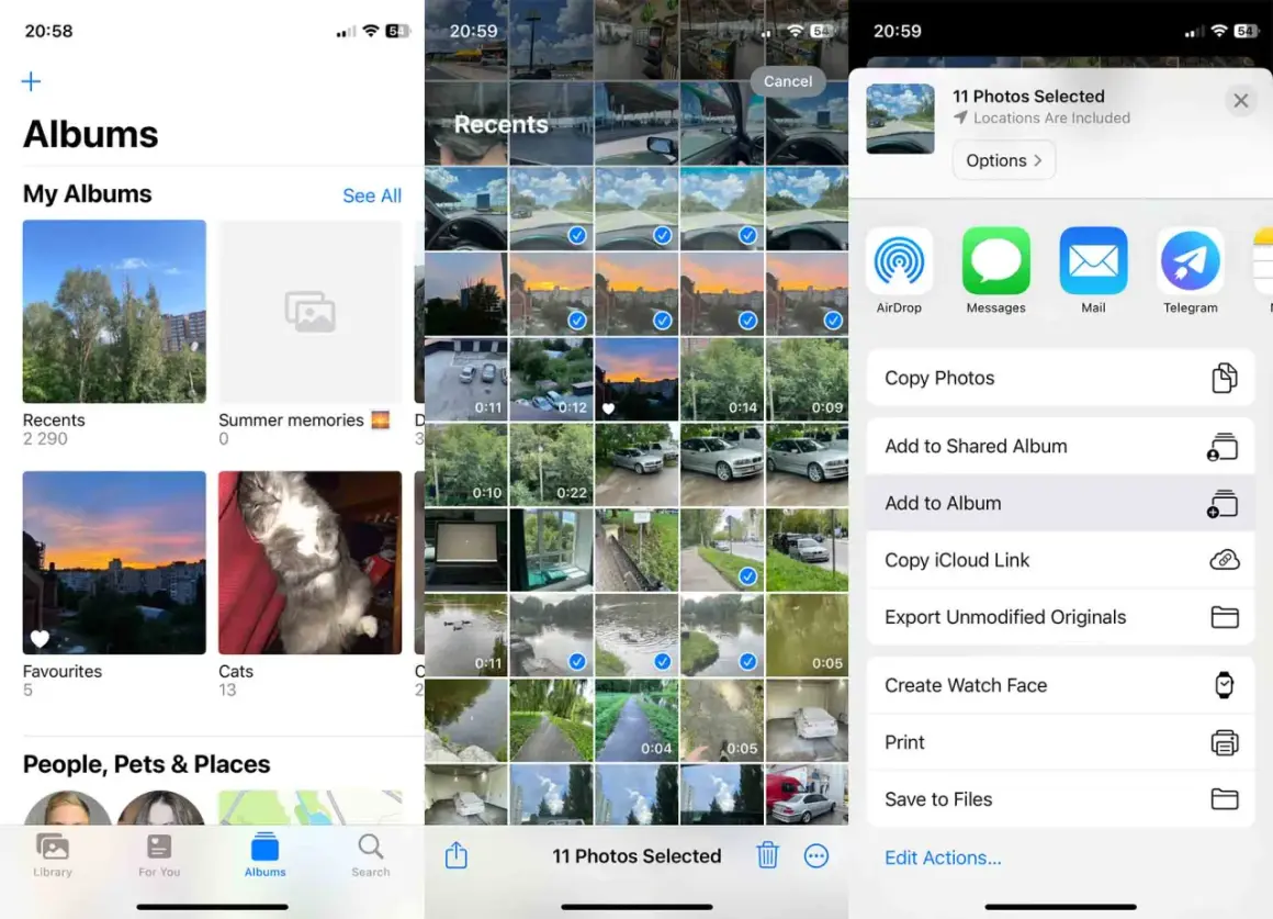 iPhone bilder: 11 bilder valda för delning. Välj mellan AirDrop, meddelanden, e-post eller Telegram.
