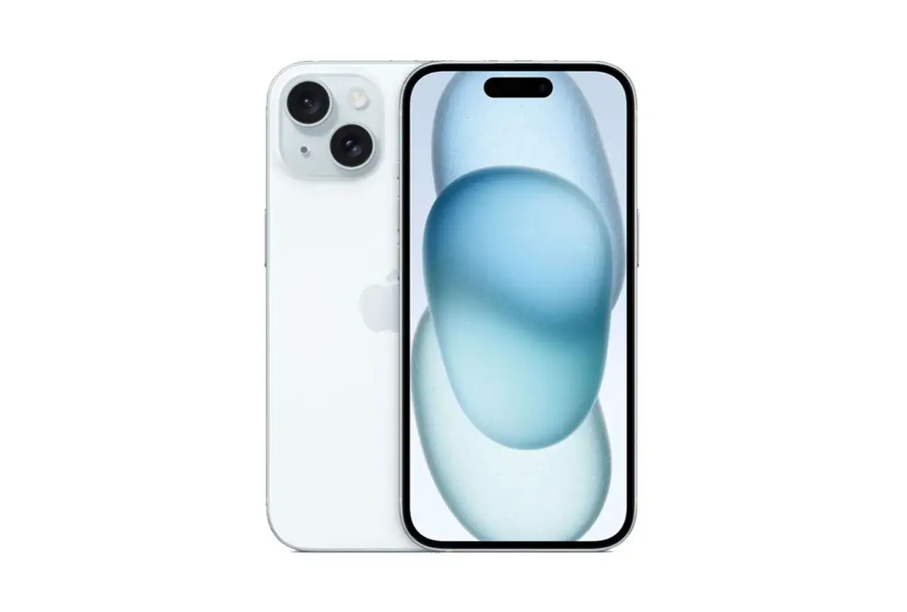 Vit iPhone 15 med dubbla linser på baksidan, redo att fånga dina minnen med sin avancerade iphone 15 kamera.