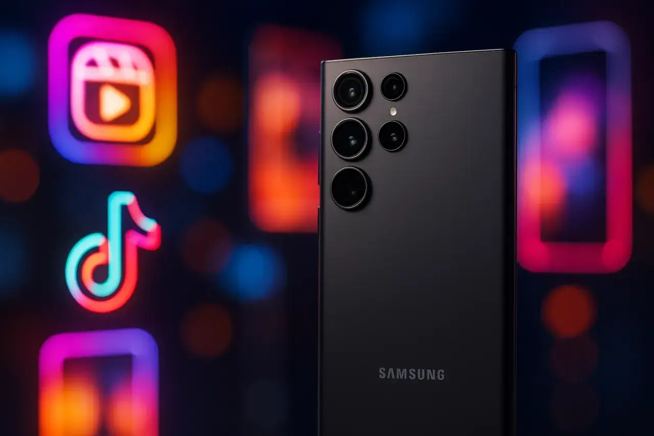 Svart Samsung-telefon med flera kameror, redo att ta en selfie med Instagram Reels och TikTok-ikoner i bakgrunden.