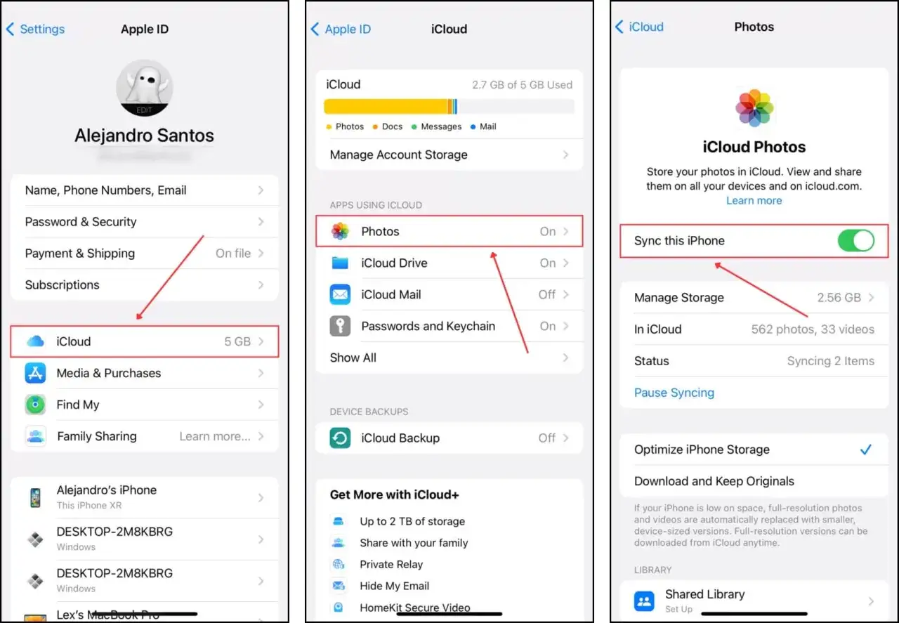 Inställningar för iCloud-bilder på iPhone. Synkronisering av bilder är aktiverad.