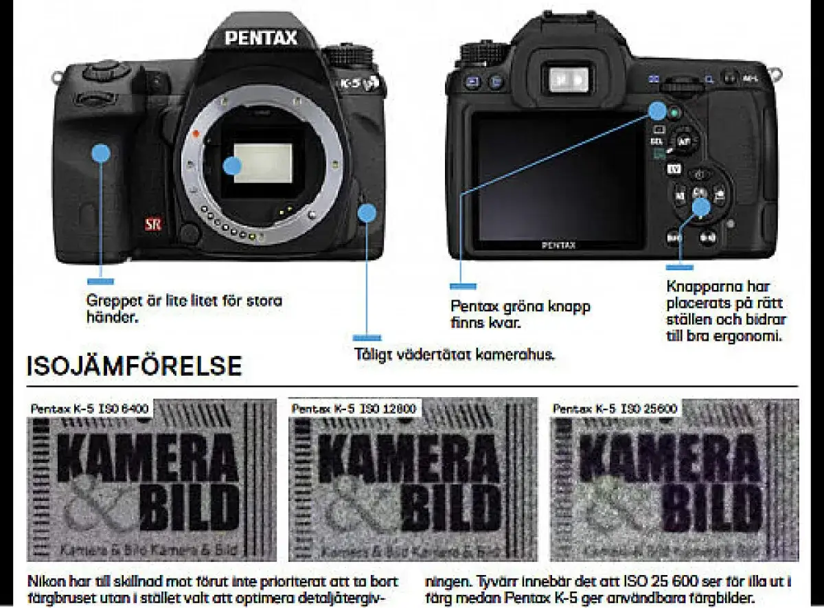 Fram- och baksida av en Pentax K-5 kamera. Bilden visar detaljer som greppet, knappar och en jämförelse av ISO-prestanda.