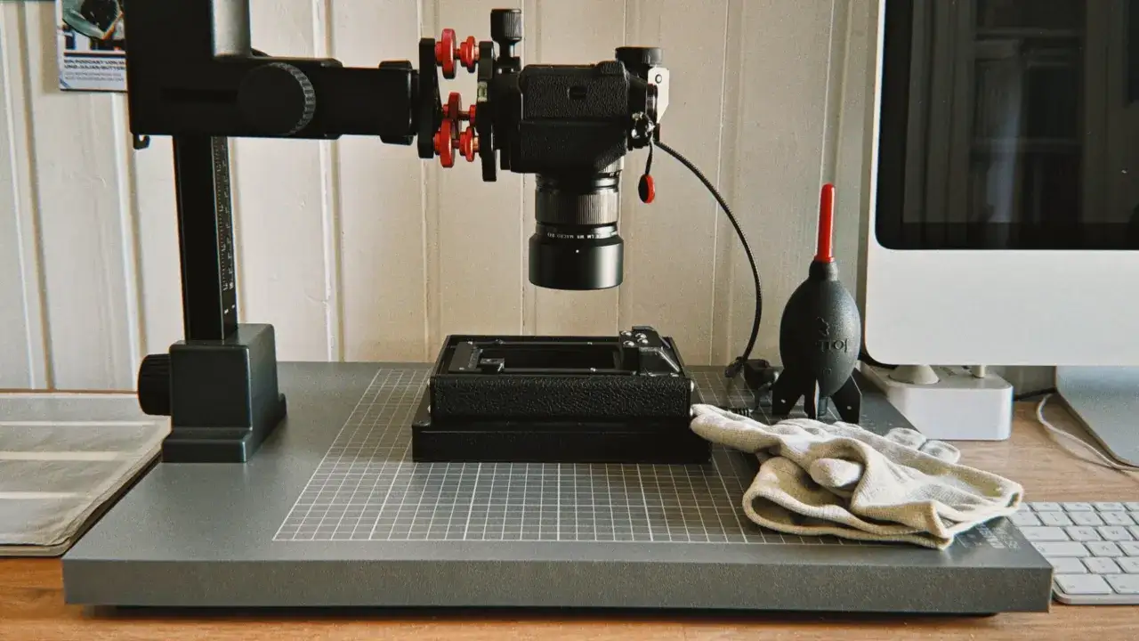En kamera riggad för makrofotografering, med en Pentax Spotmatic som bas. En dator och tangentbord syns i bakgrunden.