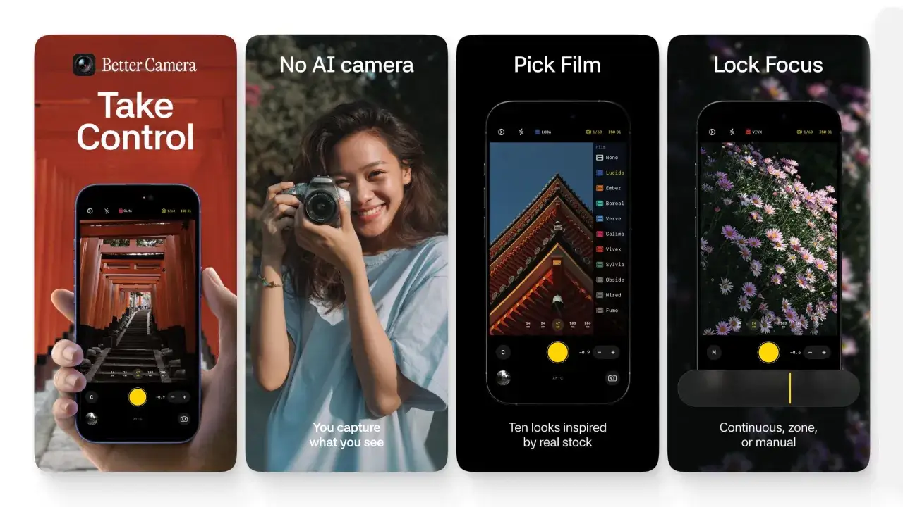 Appen Better Camera ger dig full kontroll. Välj filmfilter, lås fokus och ta bilder som ett proffs.