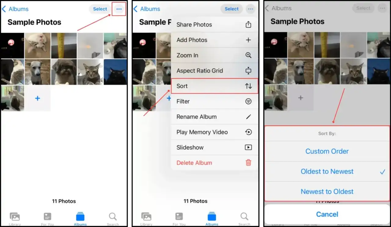 Sortera dina iphone bilder. V&auml;lj mellan anpassad ordning, &auml;ldst till nyast eller nyast till &auml;ldst.