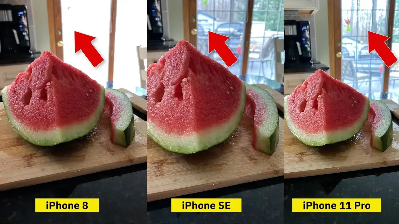 Tre bilder visar vattenmelon. Jämför hur iphone se kamera fångar färger och detaljer jämfört med andra modeller.