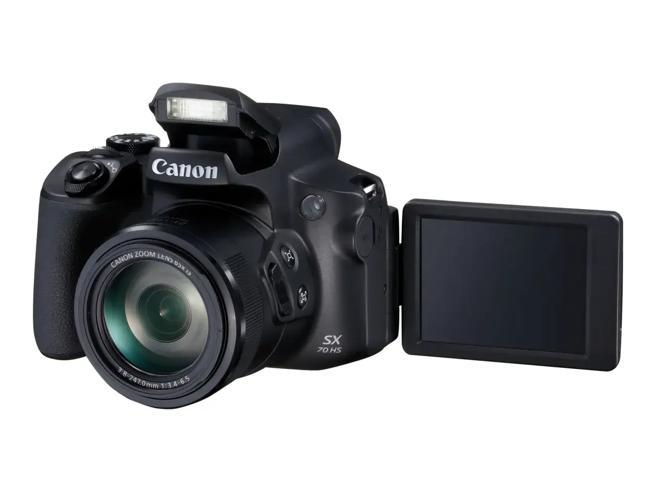 Svart systemkamera, Canon Powershot SX70 HS, med utfälld skärm och blixt. Perfekt för ett canon powershot sx70 hs test.