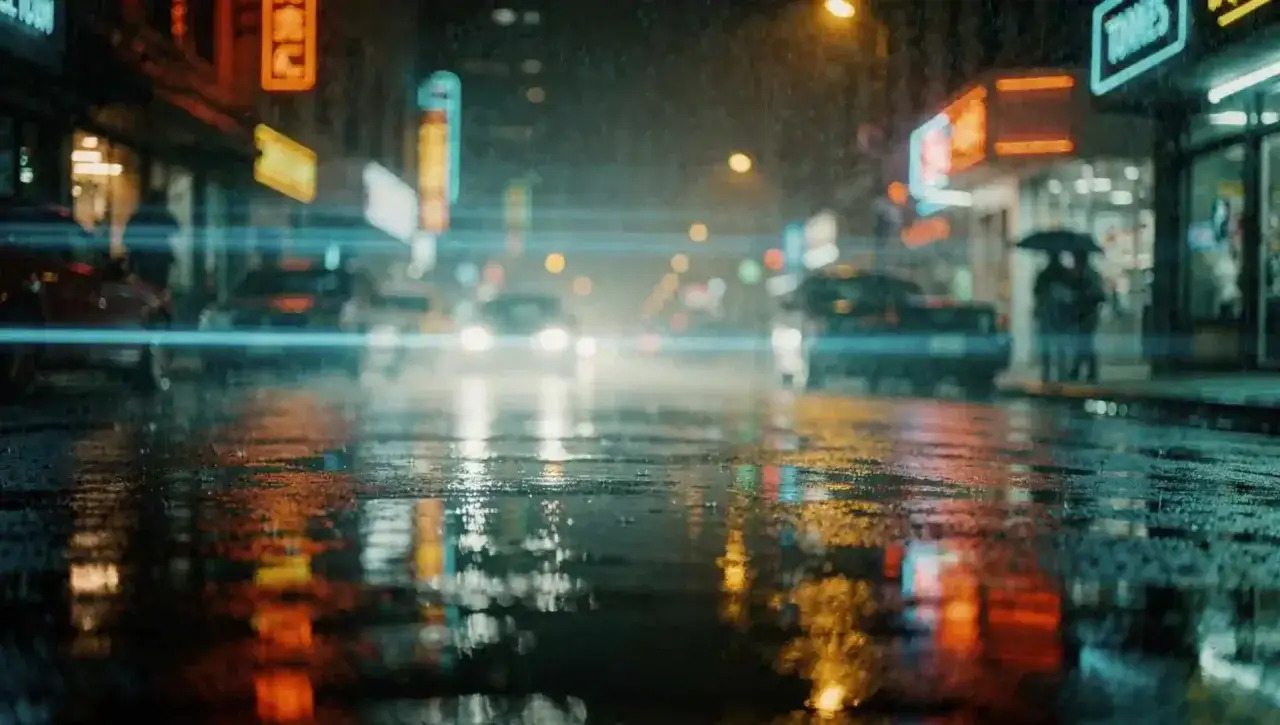 Regnig stadsgata med neonljus som reflekteras i vattnet. En känsla av en cyberpunk-värld, som om det vore ai genererade bilder.