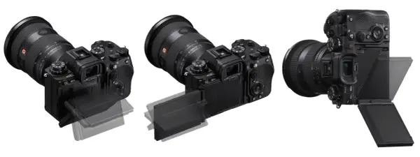 Sony a9 III-kameran tre olika vinklar visar den vinklingsbara skärmen och objektivet.