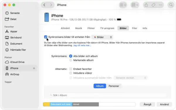 Synkronisera icloud-bilder från iPhone till datorn. Välj att synkronisera alla bilder eller markerade album.
