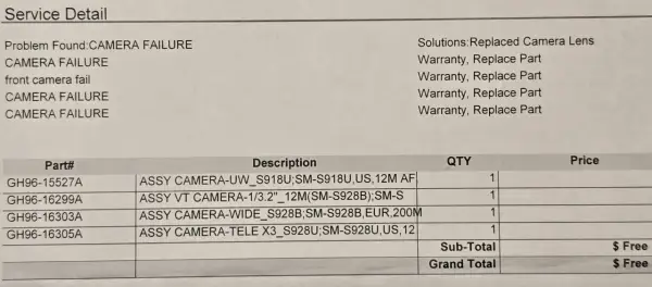Servicebeskrivning visar att kameran fungerar inte på en Samsung-telefon. Lösningen är att byta ut kameralinsen.