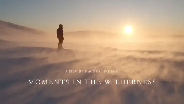 En ensam person står i snöstormen, en film av Magnus Lindbom. Solen går ner över ett öde landskap.