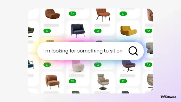 Sökning efter möbler med hjälp av ai redigera bilder. En sökfält med texten "I'm looking for something to sit on" visas över ett rutnät av stolar.