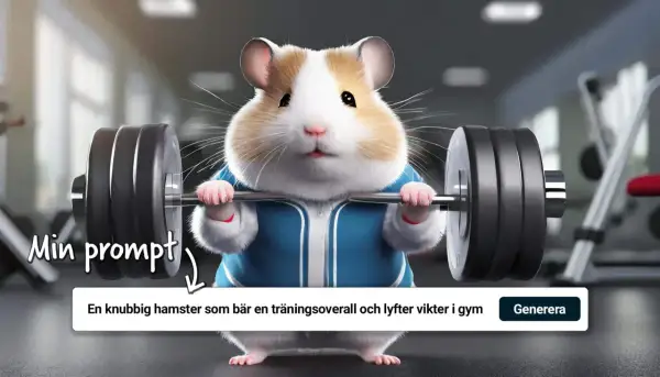 En knubbig hamster i träningsoverall lyfter vikter på gym. En gratis AI-app kan skapa sådana roliga bilder!
