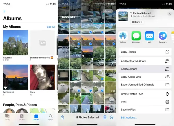 iPhone bilder: 11 bilder valda för delning. Välj mellan AirDrop, meddelanden, e-post eller Telegram.